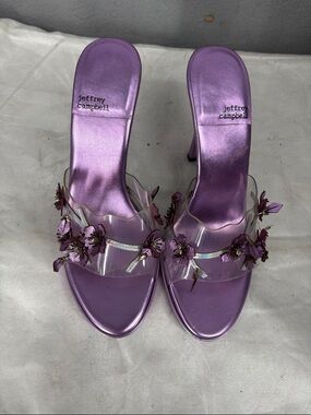 Jeffrey Campbell Metallic Purple Floral Clear-Strap Heels
